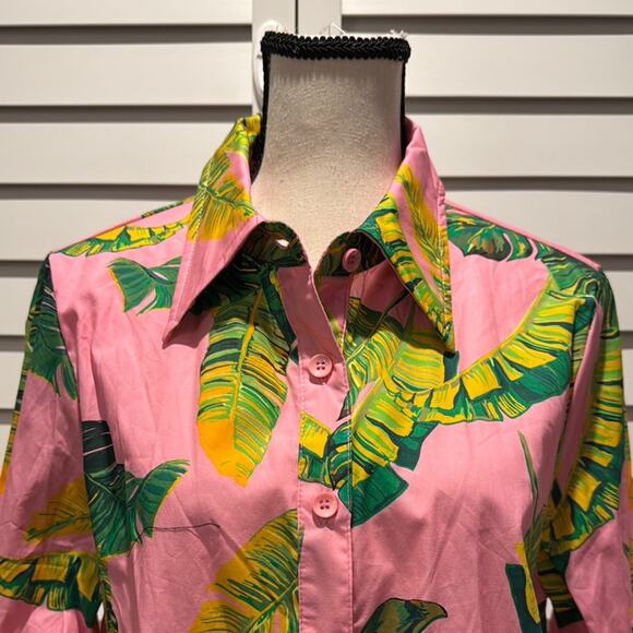 SHEIN NWOT Tropical colorful Leaf Printed Button Down Shirt in 100% Cotton - Picture 2 of 12